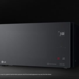 Angled view of the LG MS2535GIS microwave showing the flat black glass front, LED display reading 3:00, touch controls and the 25L Solo and Smart Inverter badges