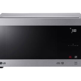 Front view of the LG MS4295CIS microwave in silver, with a black glass door, LED display showing 3:00 and a touch time slider