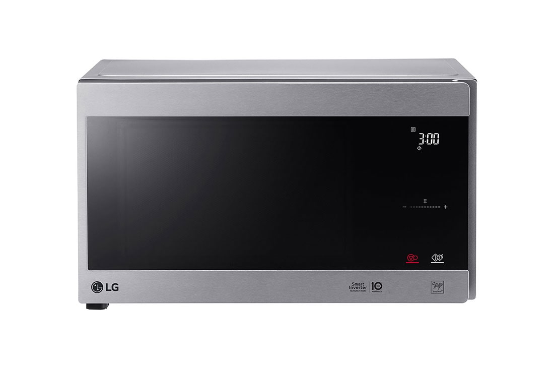 LG MS4295CIS 42L 1 Front view of the LG MS4295CIS microwave in silver, with a black glass door, LED display showing 3:00 and a touch time slider