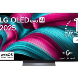 LG OLED55C56LA seen from the front on its pedestal stand, screen showing LG OLED evo AI 2025 artwork, with the LG remote alongside