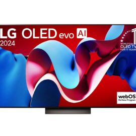 LG OLED65C46LA 65 inch OLED evo TV seen straight on with a colourful ribbon image on screen
