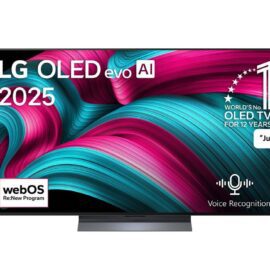 LG OLED evo C5 television on its stand with pink and teal artwork on screen and the Magic Remote beside it