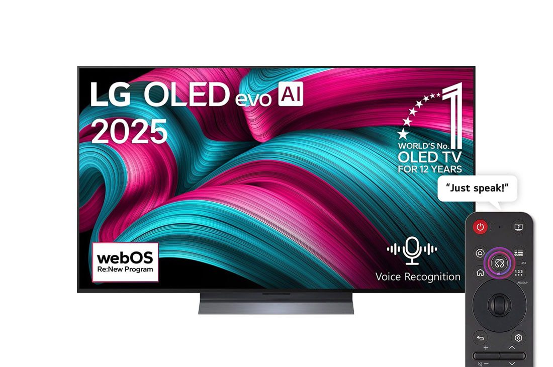 LG OLED65C56LA 65" 1 LG OLED evo C5 television on its stand with pink and teal artwork on screen and the Magic Remote beside it