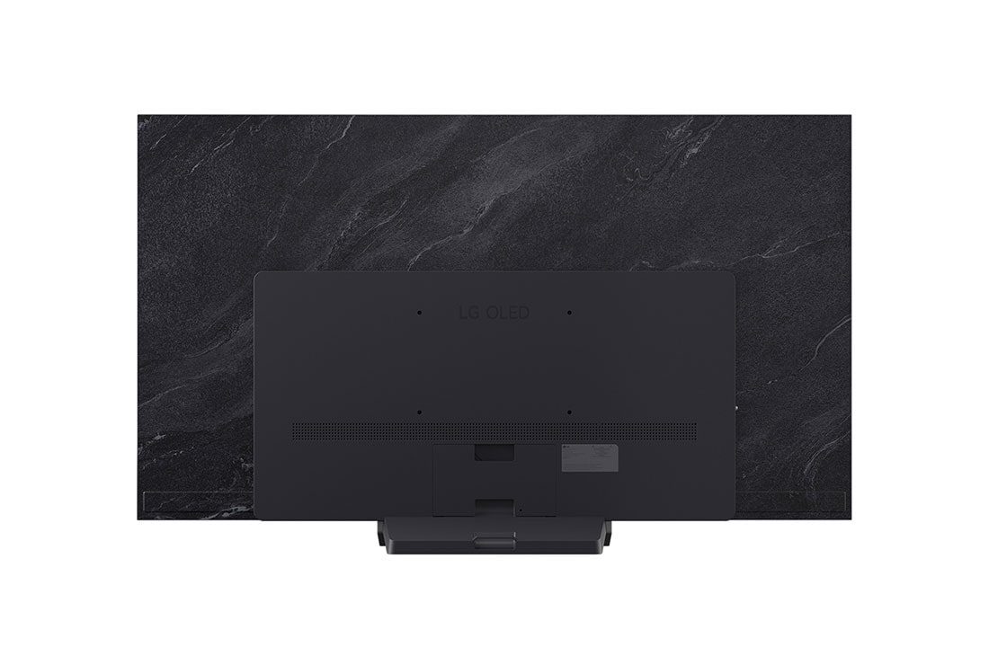 LG OLED65C56LA 65" 2 Rear view of the LG OLED TV showing the flat black back panel, LG OLED badge, central stand fixing and vent strip