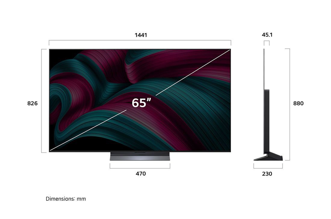 LG OLED65C56LA 65" 3 Dimension diagram of the 65 inch LG OLED TV with front and side measurements in millimetres