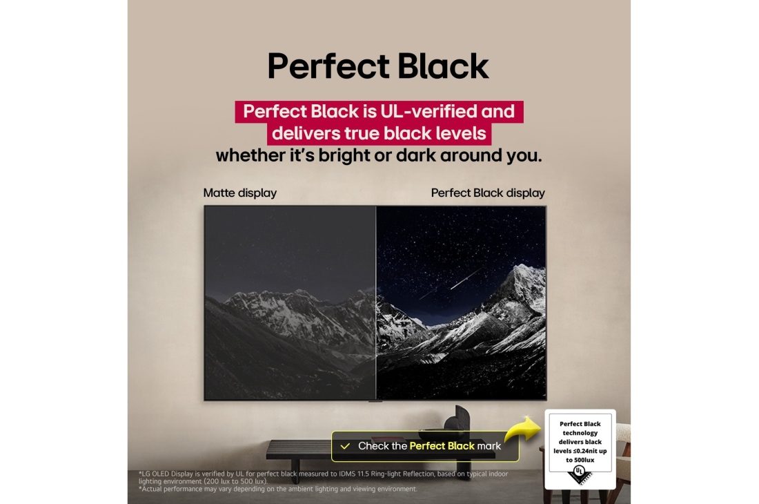 LG OLED65C56LA 65" 5 Side by side comparison of a matte display and an LG Perfect Black display showing a night mountain scene