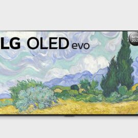 LG OLED65G1PVA 65 inch OLED evo TV seen straight on with a Van Gogh painting displayed
