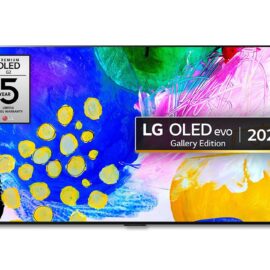 Front view of the LG OLED65G26LA 65 inch OLED TV with a colourful abstract image on screen