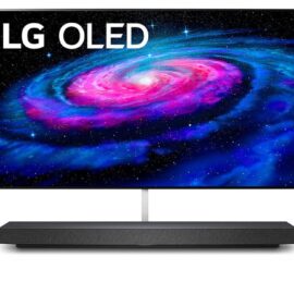 LG OLED65WXPVA 65 inch OLED TV showing a galaxy image, with the thin panel connected by a slim stem to a black bar unit beneath