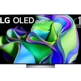 LG OLED evo 77 inch television straight on, on a central pedestal stand, showing an abstract green and blue picture