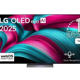 LG OLED evo TV shown front on with a colourful abstract image on screen and the Magic Remote alongside
