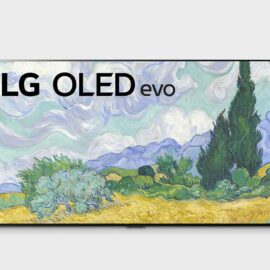 LG OLED77G1PVA 77 inch OLED TV seen straight on with a painting displayed on screen