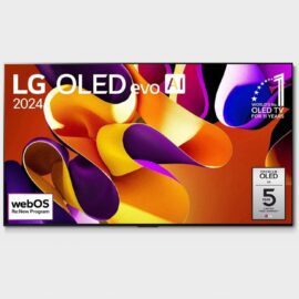 Front view of the LG OLED77G46LA showing a colourful abstract image on screen with LG OLED evo AI 2024 badging