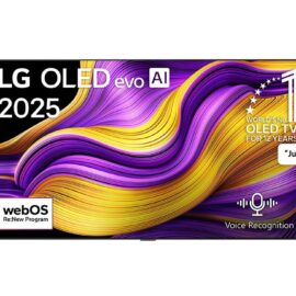 LG OLED evo AI 2025 television shown front on with a purple and gold abstract image on screen, next to the voice recognition remote