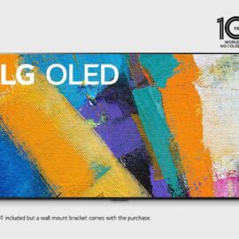 LG OLED77GXPVA seen straight on, showing a colourful abstract painting on screen and a thin black bezel