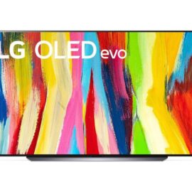 LG OLED83C26LA television seen from the front, showing bright brushstroke artwork on screen with the LG OLED evo logo, a thin bezel and a central pedestal stand