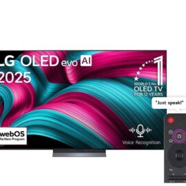 LG OLED evo AI 2025 television on a central pedestal stand with a colourful abstract image on screen, shown beside its remote control