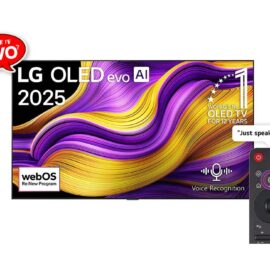 Front view of the LG OLED evo TV showing a purple and gold pattern on screen, with the Magic Remote beside it and LG promotional badges overlaid