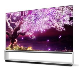LG Signature Z1 88 inch OLED TV at a slight angle on its white open frame stand, screen showing a pink blossom tree