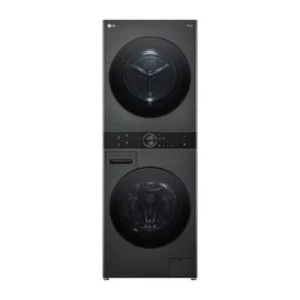 Front view of the tall black LG stacked laundry unit with two round doors and a control panel between them