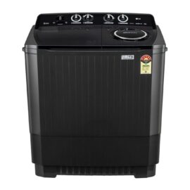 LG twin tub washing machine seen straight on, dark grey ribbed body with a black top panel and dials