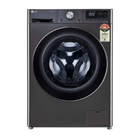 Front view of the LG P961RON9T 9kg washing machine in dark charcoal, with a large round glass door and a dial and button control panel
