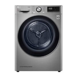 LG RH90V9PV8N heat pump dryer seen straight on, dark silver body with a large round door and LED display panel across the top