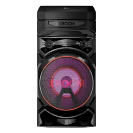 Front view of the black LG XBOOM RNC5 tower speaker with the large woofer lit pink and red behind the grille