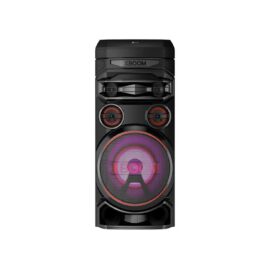 Front view of the black LG XBOOM RNC7 tower speaker, with two tweeters and two mid drivers above a large woofer lit in pink and red