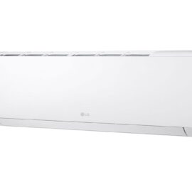 White LG wall-mounted split air conditioner indoor unit shown at an angle, with a plain front panel and LG logo