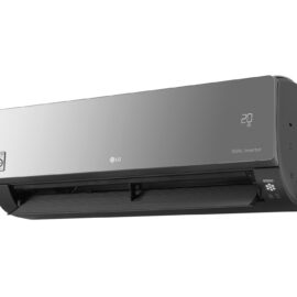 LG S4-Q12JARTB indoor unit from the front left with the louvre open and the display reading 20