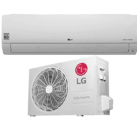 LG white wall mounted indoor air conditioner unit above a white LG outdoor condenser unit with a large front fan