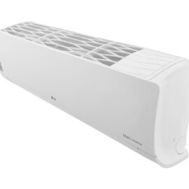 White LG DUALCOOL wall mounted indoor air conditioner unit shown at an angle with the lattice top intake grille visible