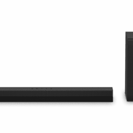 LG S40T soundbar and tall subwoofer photographed straight on against a white background
