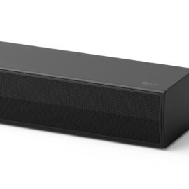 Angled view of the black LG soundbar showing the front grille and the LG logo on the right end