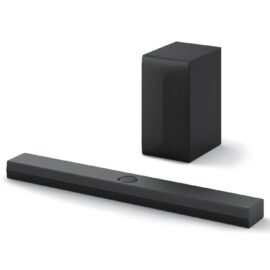 Black LG S70TY soundbar with fabric grille beside a tall black subwoofer