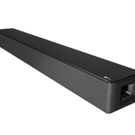 LG SNH5 black sound bar at an angle, front grille and LG logo visible
