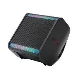 LG xboom Stage 301 speaker at an angle with lit LED strips above and below the mesh grille and a red xboom logo on the side