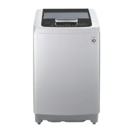 LG T13V8TEHTX top load washing machine in silver, seen from the front with the lid closed