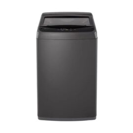 LG T85S1TDDT2C top load washing machine in dark grey, seen from the front with the lid closed