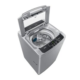 Silver LG top load washing machine at an angle with the lid open, showing the stainless steel drum and control panel