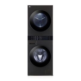 LG WashTower in Black Steel seen straight on, dryer drum on top, control panel in the middle, washer drum below