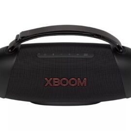Front view of the black LG XBOOM Go XG8T with fabric carry strap and red XBOOM logo