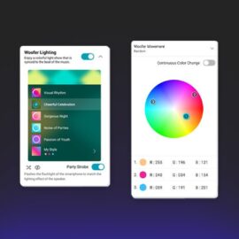 LG app screens showing Woofer Lighting presets with a Party Strobe switch, and a colour wheel with three selected RGB colours