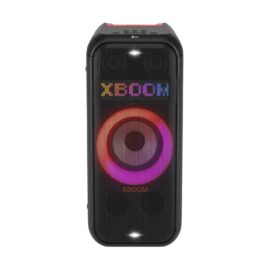 Front view of the black LG XBOOM XL7T party speaker with a lit ring around the woofer and XBOOM shown in coloured pixels on the LED panel