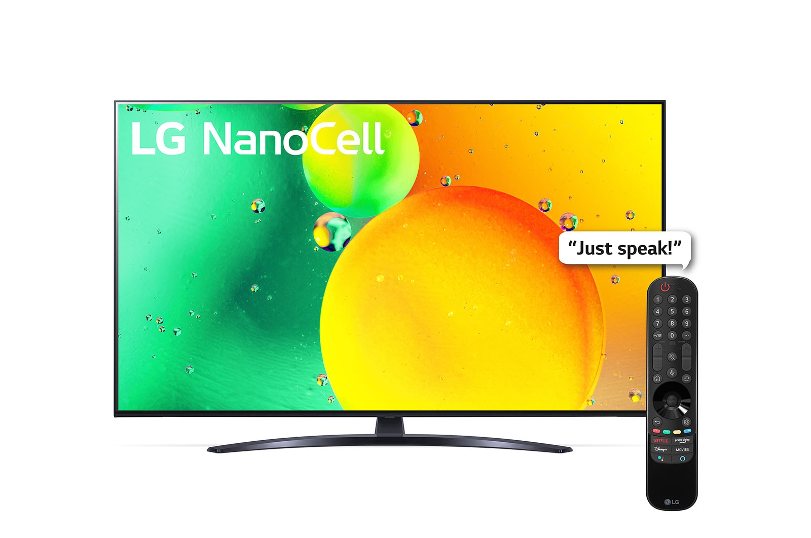 LG 55NANO796QA television showing a green and orange NanoCell graphic on screen, standing on a curved central pedestal, with the black LG remote pictured beside it