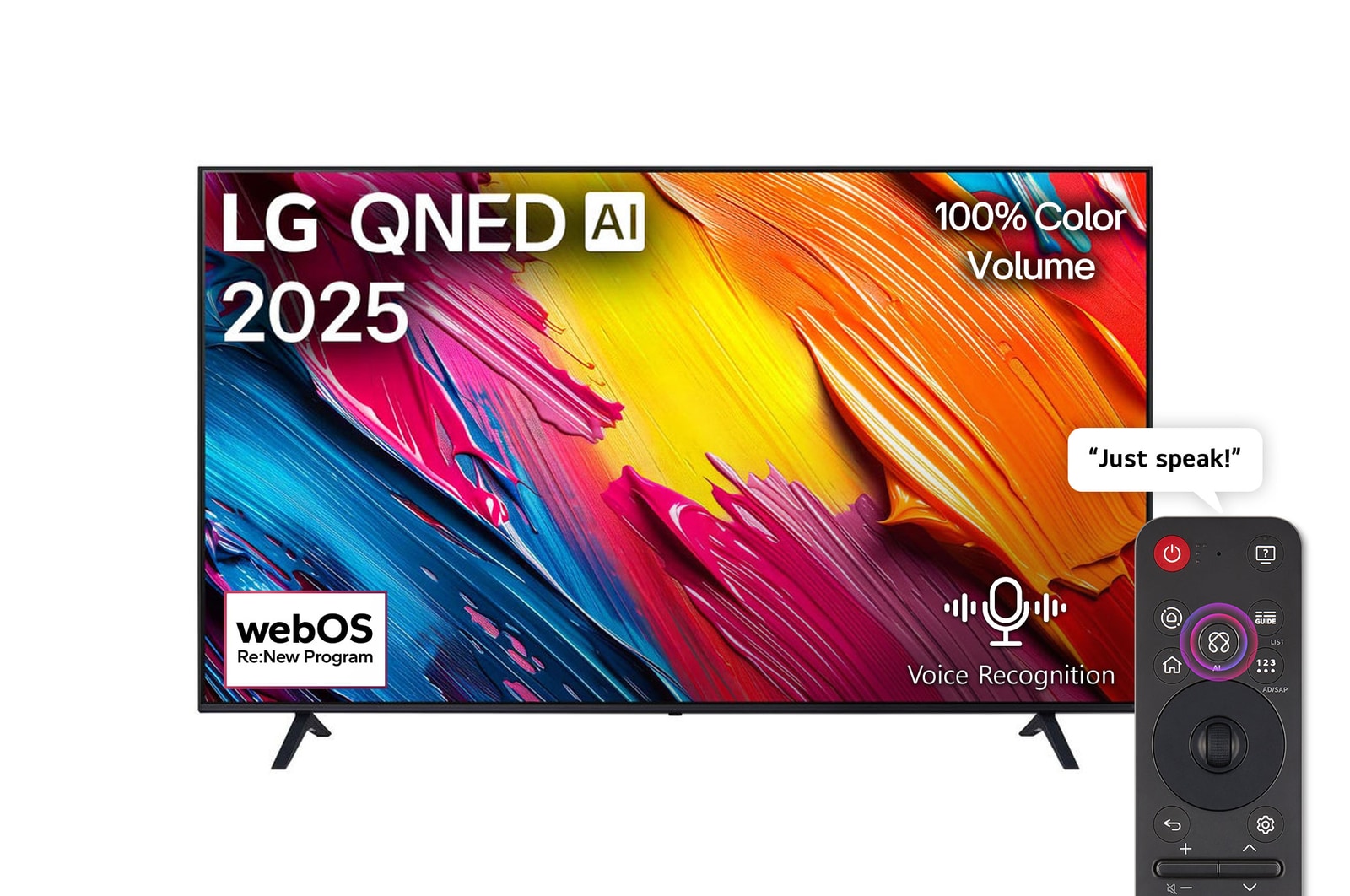 LG 75QNED70A6A shown from the front on two feet, screen displaying LG QNED AI 2025, 100% Color Volume and a webOS Re:New Program badge, with the voice remote beside it