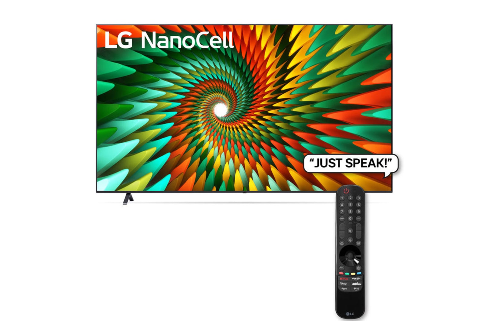 LG 86NANO776RA on two feet showing a coloured pattern with LG NanoCell on screen, next to the LG remote with a microphone button and number keys