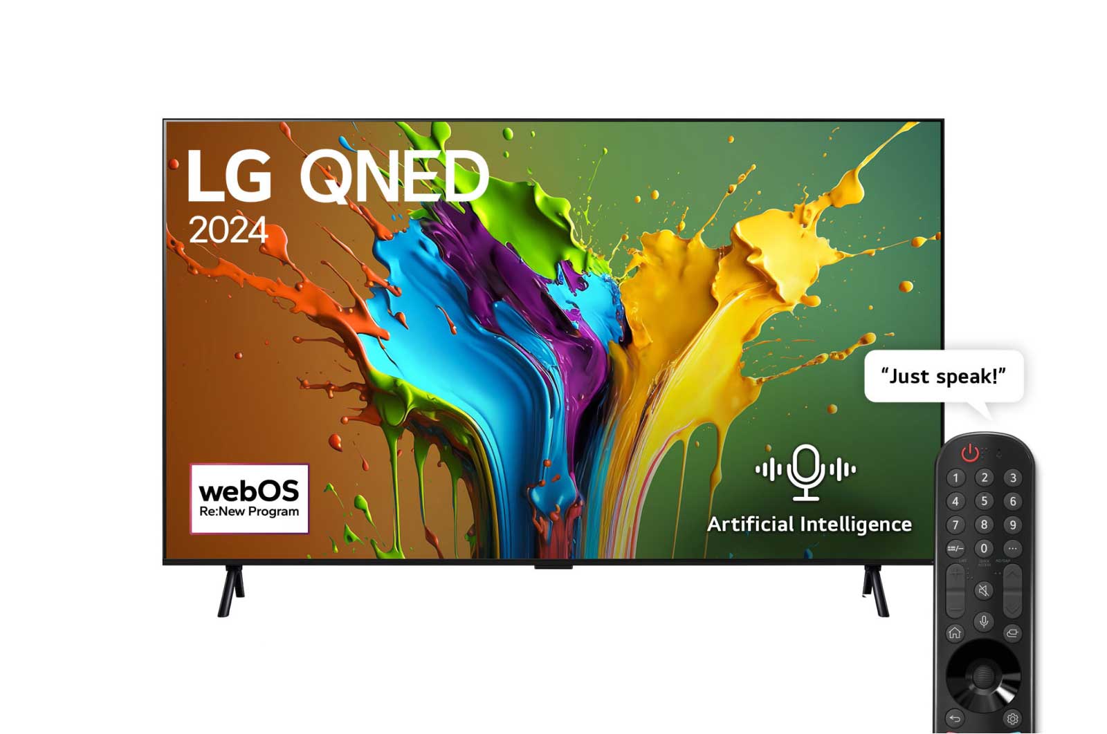 LG 98QNED89T6A on two feet with a colourful paint splash image on screen, next to a black LG Magic Remote