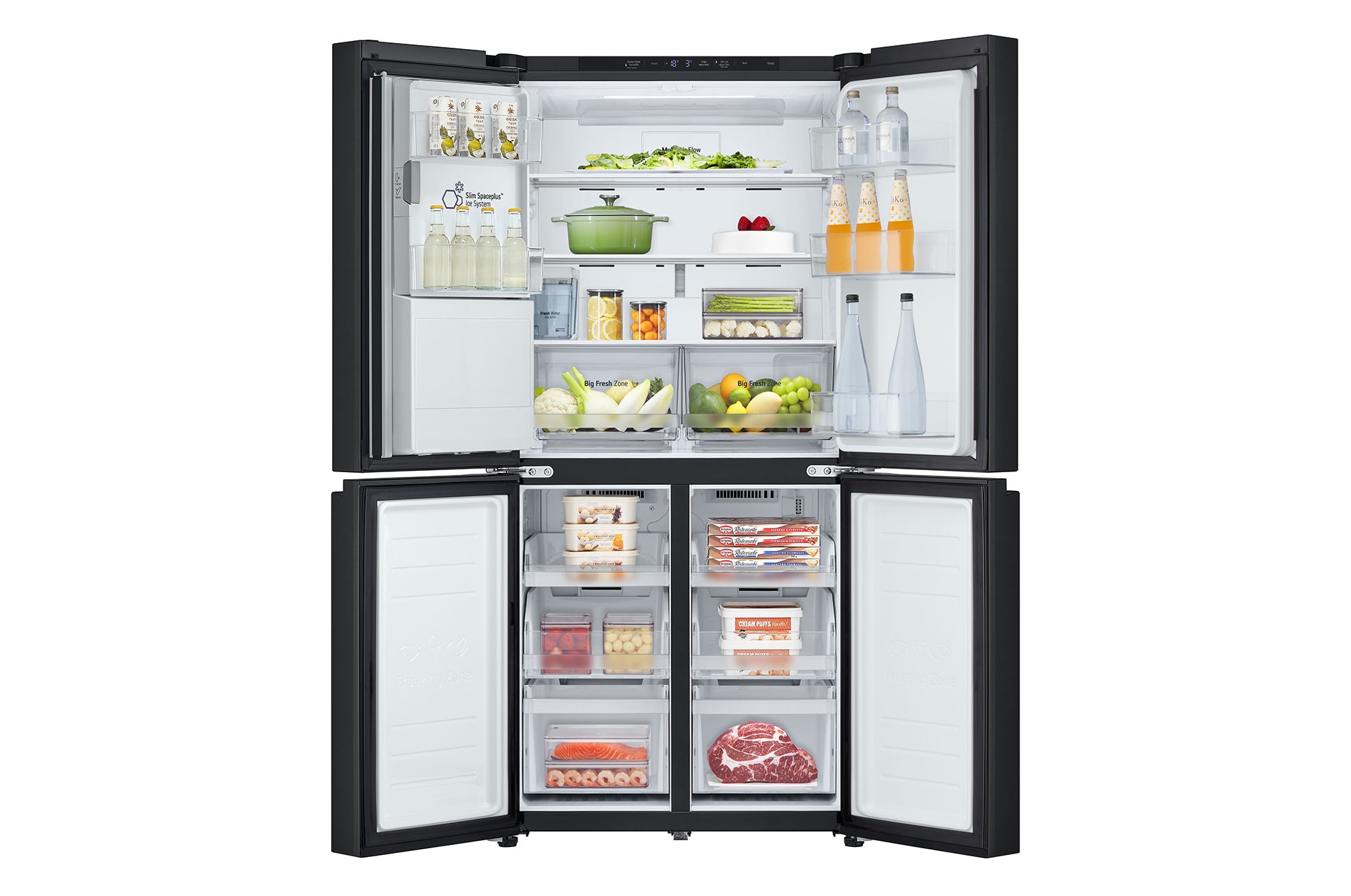 LG GC-L22FFQPB four door refrigerator in matte black with all four doors open
